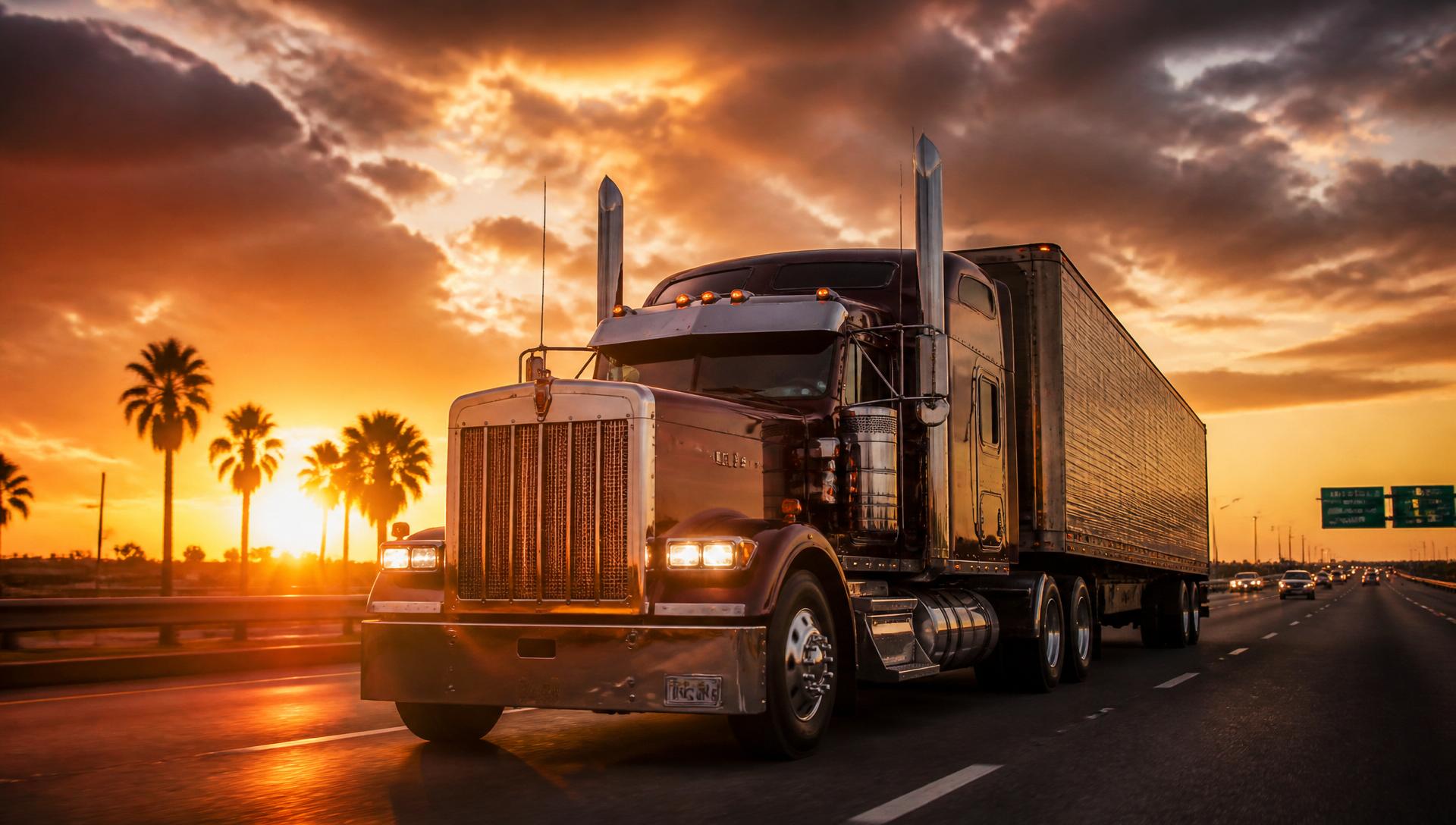 Semi truck on a Florida highway at sunset